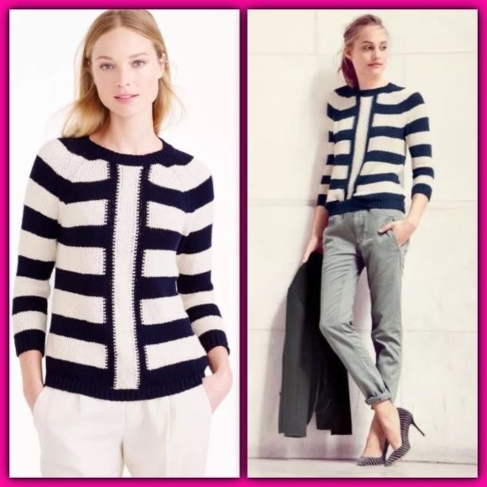J Crew navy & cream crew neck long sleeved sweater